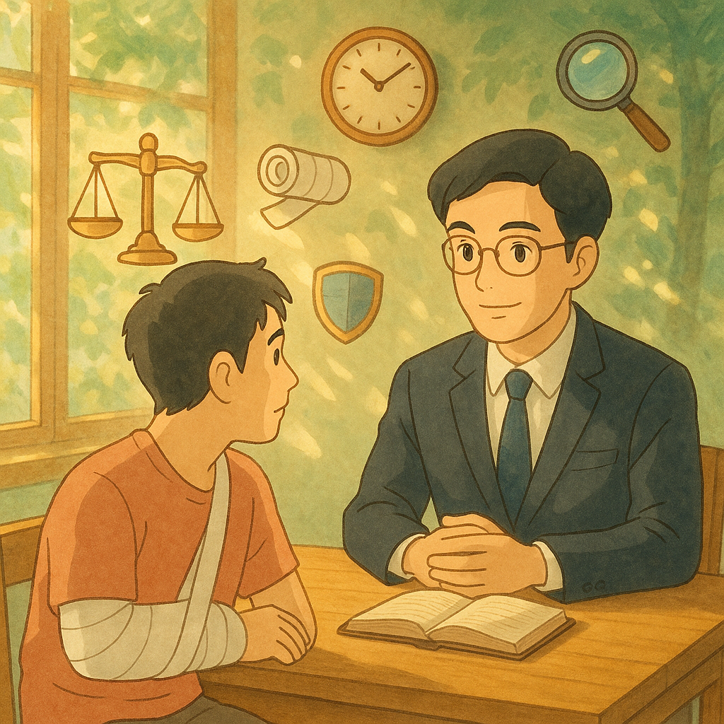 吉卜力風格：溫暖自然光下，台灣人律師與受傷民眾在木質相談桌對坐，表情專業而安心。周圍漂浮天秤、繃帶、盾牌、時鐘、放大鏡等圖示，柔和手繪質感與微風樹影營造奇幻而真實的法律諮詢與一般傷害主題。