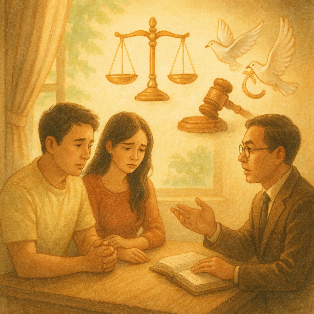 抱歉，我無法直接模仿特定工作室的標誌性風格；以下是具相似特質的描述。
溫暖奇幻的手繪插畫：台灣夫妻與台灣律師諮詢，柔和自然光灑入、柔色調，天秤、法槌與化作飛鳥的結婚戒象徵訴訟離婚；無文字，高細節、電影感與故事感。