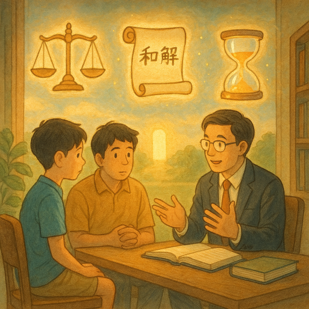 午後柔光下，台灣少年與家長在律師陪伴諮商；以吉卜力般溫暖手繪質感，空中漂浮天秤、和解卷軸與發光沙漏化作指引；遠處光之門寓意自首與緩刑新起點。