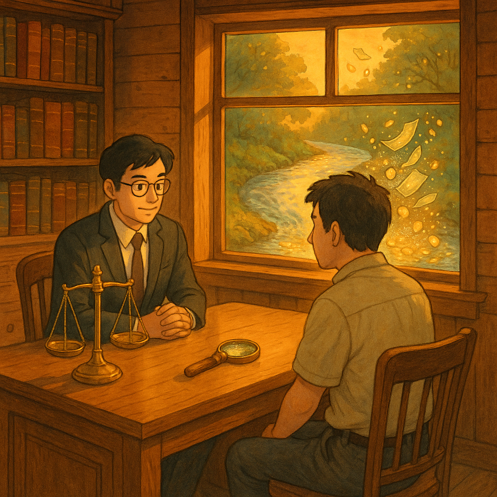 溫暖、吉卜力風格場景：夕光下的木質事務所，台灣律師與當事人對坐。窗外小溪流淌，金幣與鈔票化作光粒被漂洗，象徵洗錢風險與守法。桌上天秤、放大鏡映出柔和自然光，高解析手繪質感，魔幻而寫實，無文字元素。