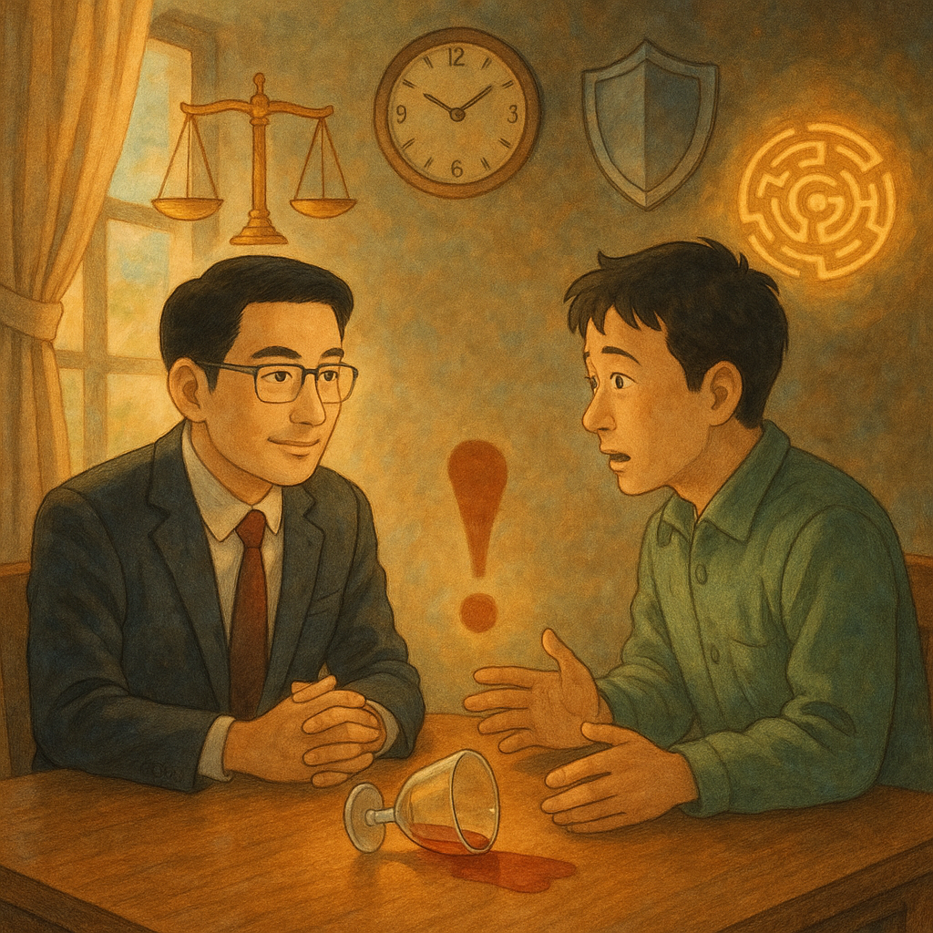 吉卜力風格高解析插畫：臺灣律師與當事人於暖光會談，桌上倒酒杯影成警示符；漂浮的天平、時鐘、盾牌與迷宮光徑象徵程序風險、爭點與應對，表情溫和專業，手繪質感，窗邊自然光與柔色魔幻氛圍，畫面無文字。