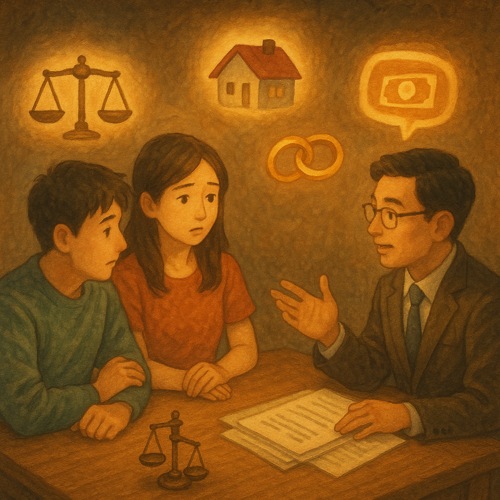 溫暖金色光線下，台灣夫妻與專業律師在木桌旁諮詢；天平、房屋、戒指、存款與文件化作柔和發光的手繪圖示在空中環繞，象徵夫妻財產分割與常見疑問，吉卜力風格、自然質感、無文字。