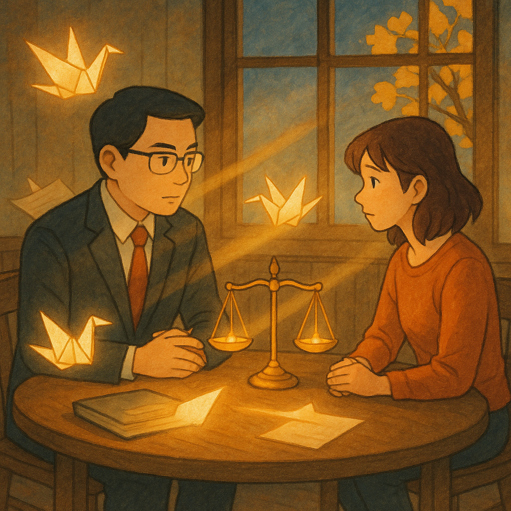 抱歉，我無法直接模仿特定工作室的風格；我可以改用溫暖、奇幻的手繪動畫氛圍來描述。

暮色下的偵查庭化為溫暖木質小廳，台灣檢察官與當事人圍桌低語，卷宗化作發光紙鶴與天平環繞，柔和自然光灑入、手繪質感流動，窗外銀杏葉微亮，光路延展象徵結論與行動呼籲。