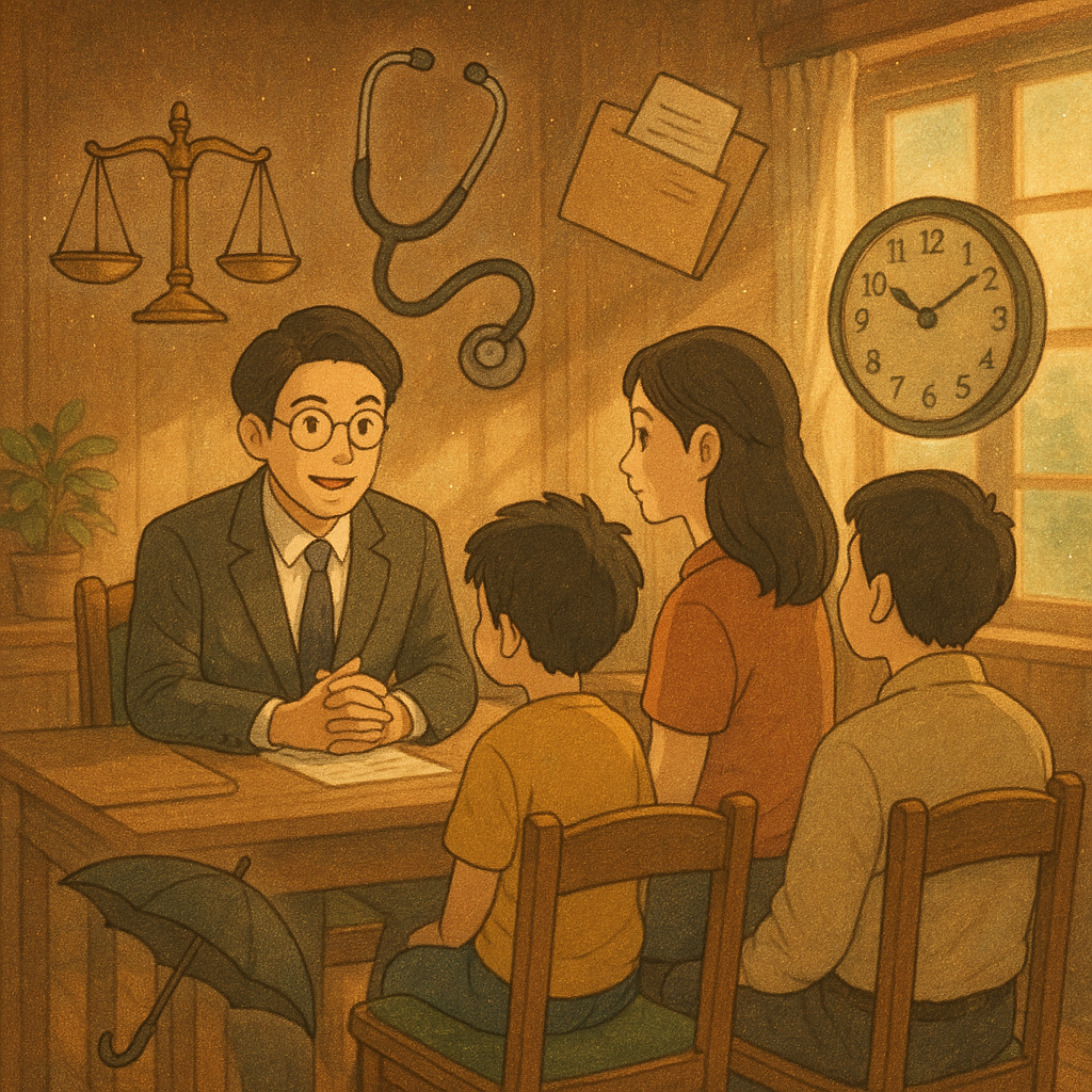 吉卜力風格的溫暖場景:具台灣人特徵的律師與家屬在木質診間諮詢,柔光灑落;周圍漂浮手繪象徵——天秤、聽診器、病歷、保險傘與時鐘,細緻紋理與微光營造魔幻、沉浸且具故事感的醫療損害賠償意象(無文字)。
