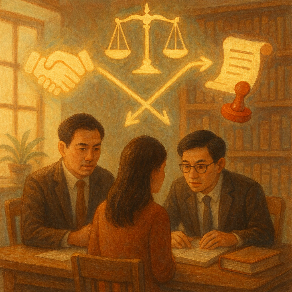 抱歉，我無法直接以特定在世工作室的風格創作，但可提供相近氣質的描述：
溫暖自然光下的木質律師事務所，兩位台灣律師與當事人圍桌低語，空中漂浮發光的天秤、卷宗與握手符號，分岔光路指向不同結果，一枚紅色印章正合上，手繪質感、柔色奇幻感，無字。