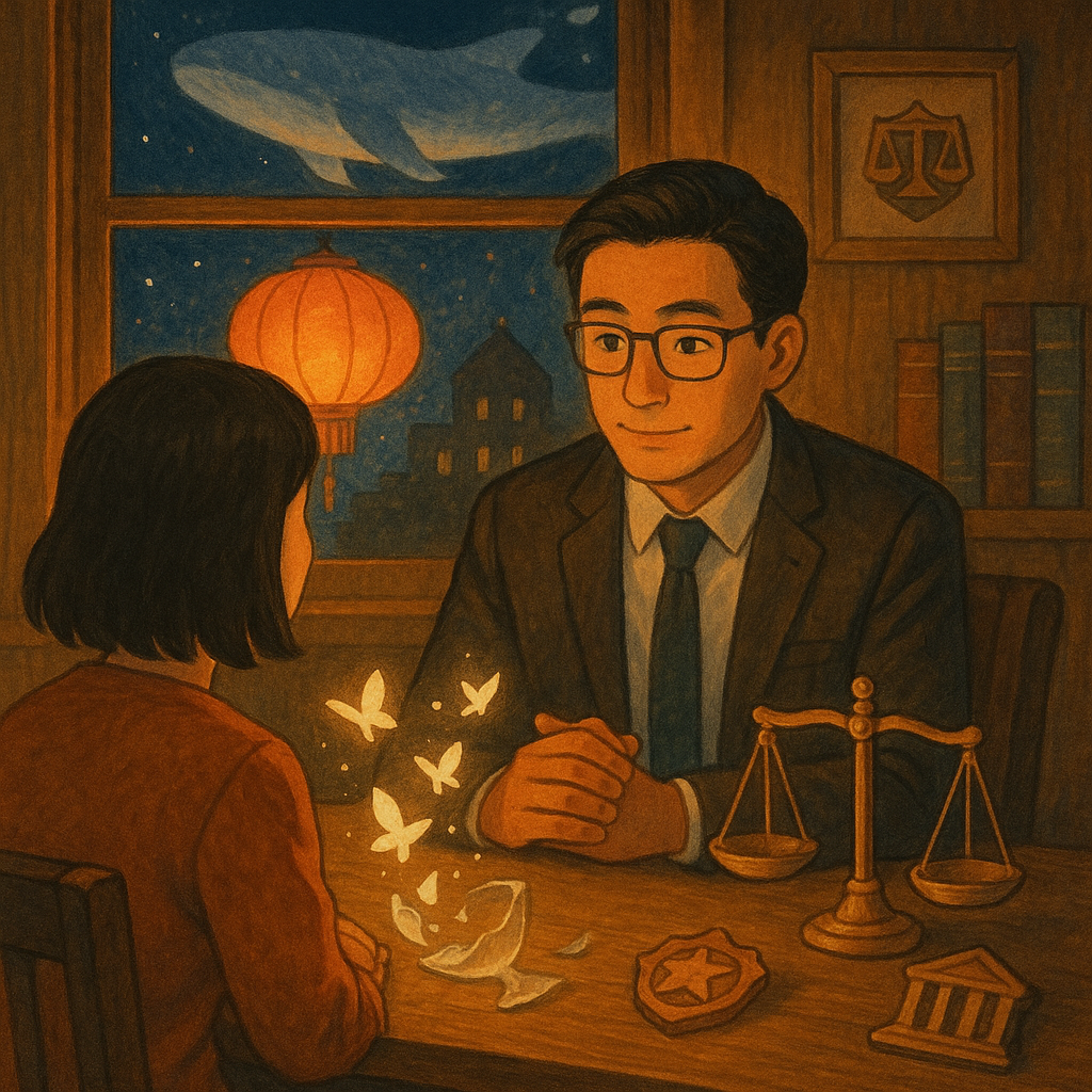 吉卜力風的暖色夜景、手繪質感：台灣人律師溫柔陪伴倖存者於木質辦公室諮詢，窗外鯨魚雲與燈籠照亮前路；酒杯碎片化作光蝶，天平微光、警徽與法院剪影象徵行動。無文字。