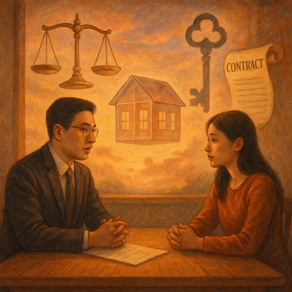暖色暮光下，台灣律師與當事人於木桌諮詢，透明房屋與雙重影子鑰匙漂浮，天秤與契約卷軸環繞，細膩手繪質感、自然柔光與電影感奇幻，象徵借名登記結論與安心落定。
