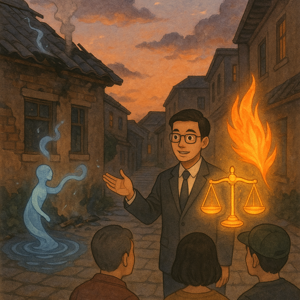 抱歉，我不能直接使用特定工作室的畫風；以下提供相近的溫暖手繪動畫美學描述：

暮色城巷中，焦黑屋頂仍冒微煙，水精靈化作波紋撫熄餘燼；一位台灣律師溫和指引民眾，身旁發光的天平與火焰化作鳳羽，象徵縱火罪審理與重建；柔光手繪質感，無字。