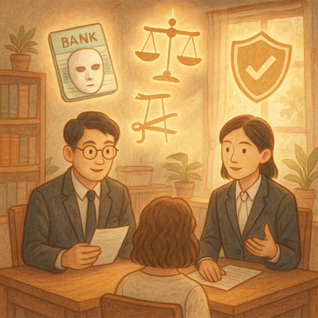 暖陽灑落的木質事務所裡，兩位台灣律師溫和諮詢民眾；空中漂浮的發光圖像—銀行存摺戴著空白面具、被剪斷的提線、天秤與盾牌—象徵人頭帳戶疑慮與法律解答，手繪質感、柔色與微光營造溫暖魔幻氛圍。