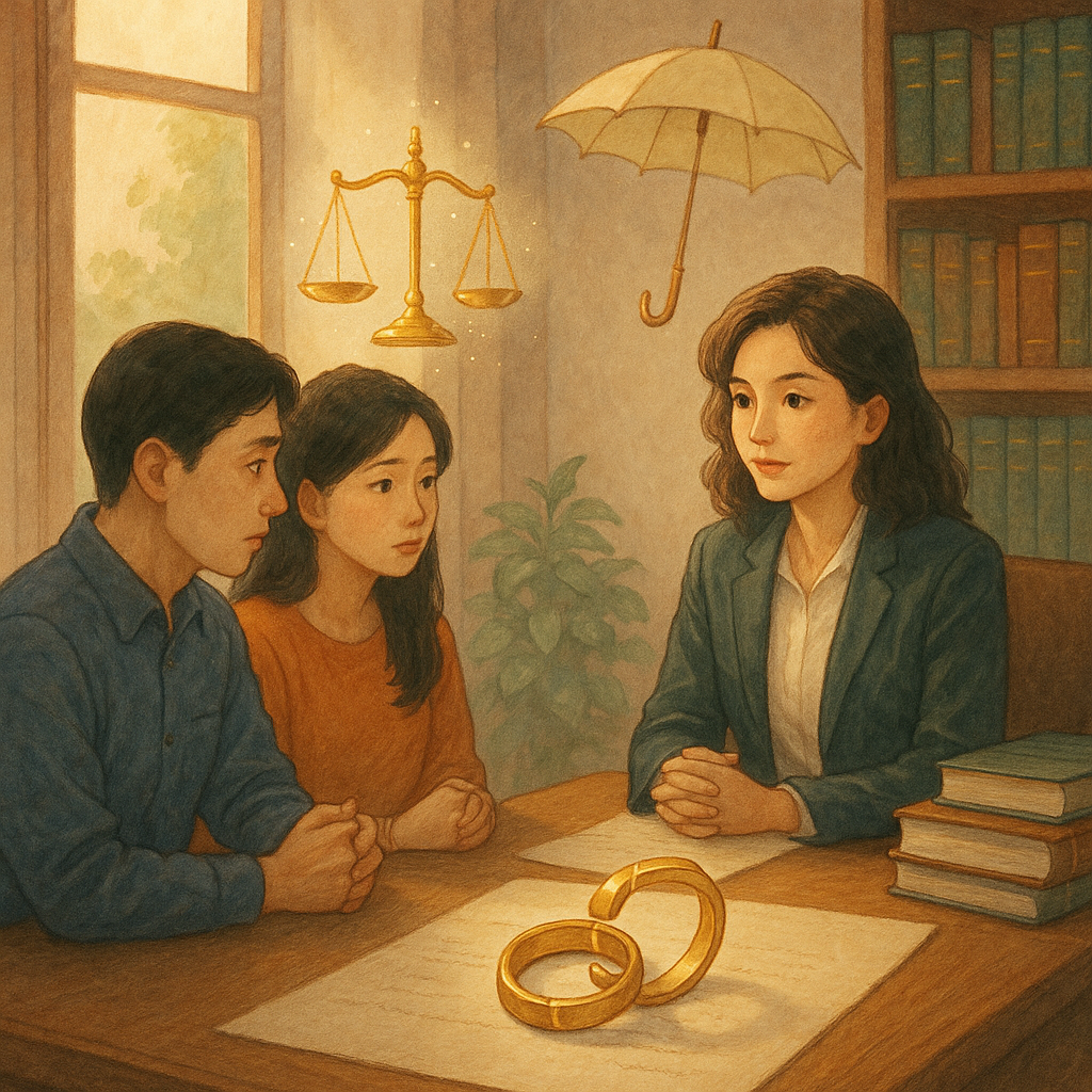 高解析度、溫暖自然光的奇幻日系手繪風律所內，一對台灣夫妻與台灣女律師諮詢；桌上金繕修補的破裂婚戒、微光天秤與守護傘漂浮，質感柔和，現實與魔幻交織，角色情緒細膩，無文字。