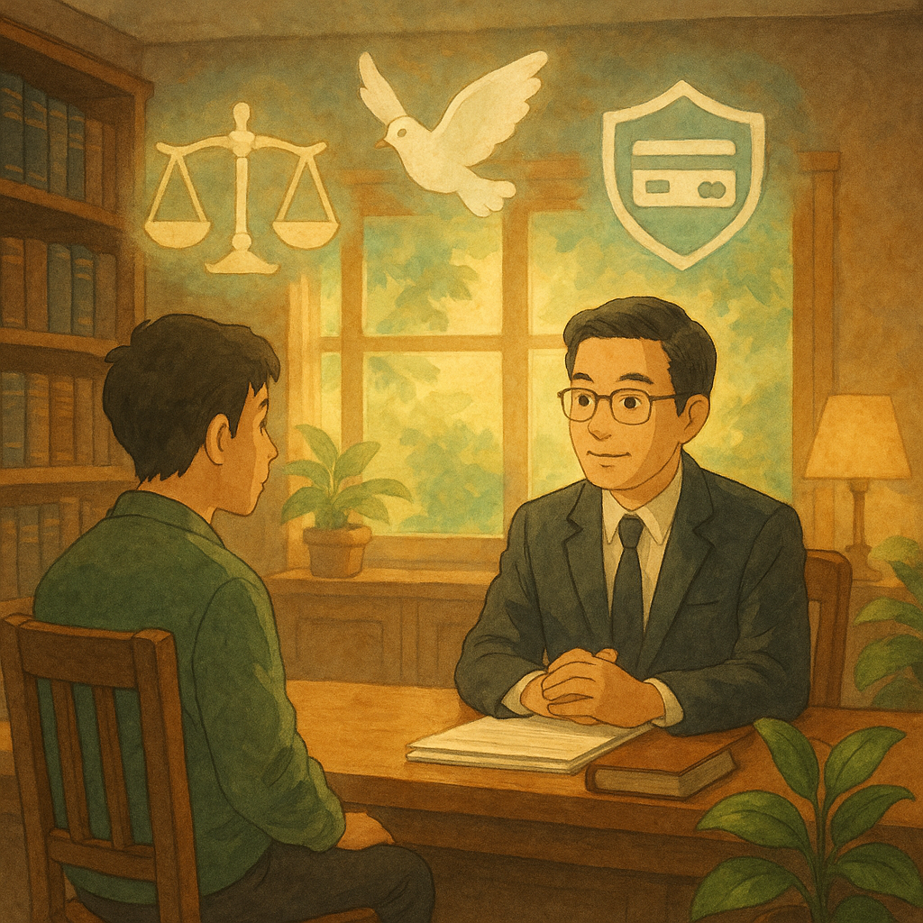 溫潤自然光下,台灣律師與當事人對坐於木質事務所,高解析、柔和吉卜力風。半透明天秤、白鴿與銀行卡符號化作護盾在空中旋轉,法槌化葉映法院。手繪質感,象徵借帳戶案判無罪與後續行動建議,畫面無文字。