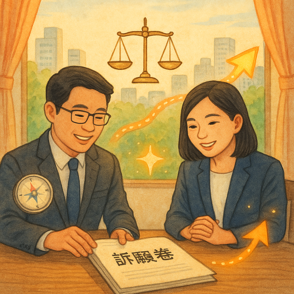 暖陽下，兩位台灣專業人士在木桌前審閱訴願卷宗，笑容專注。桌上天平、指南針與發光路徑箭頭漂浮，窗外城市與綠意交織，手繪質感柔和奇幻。