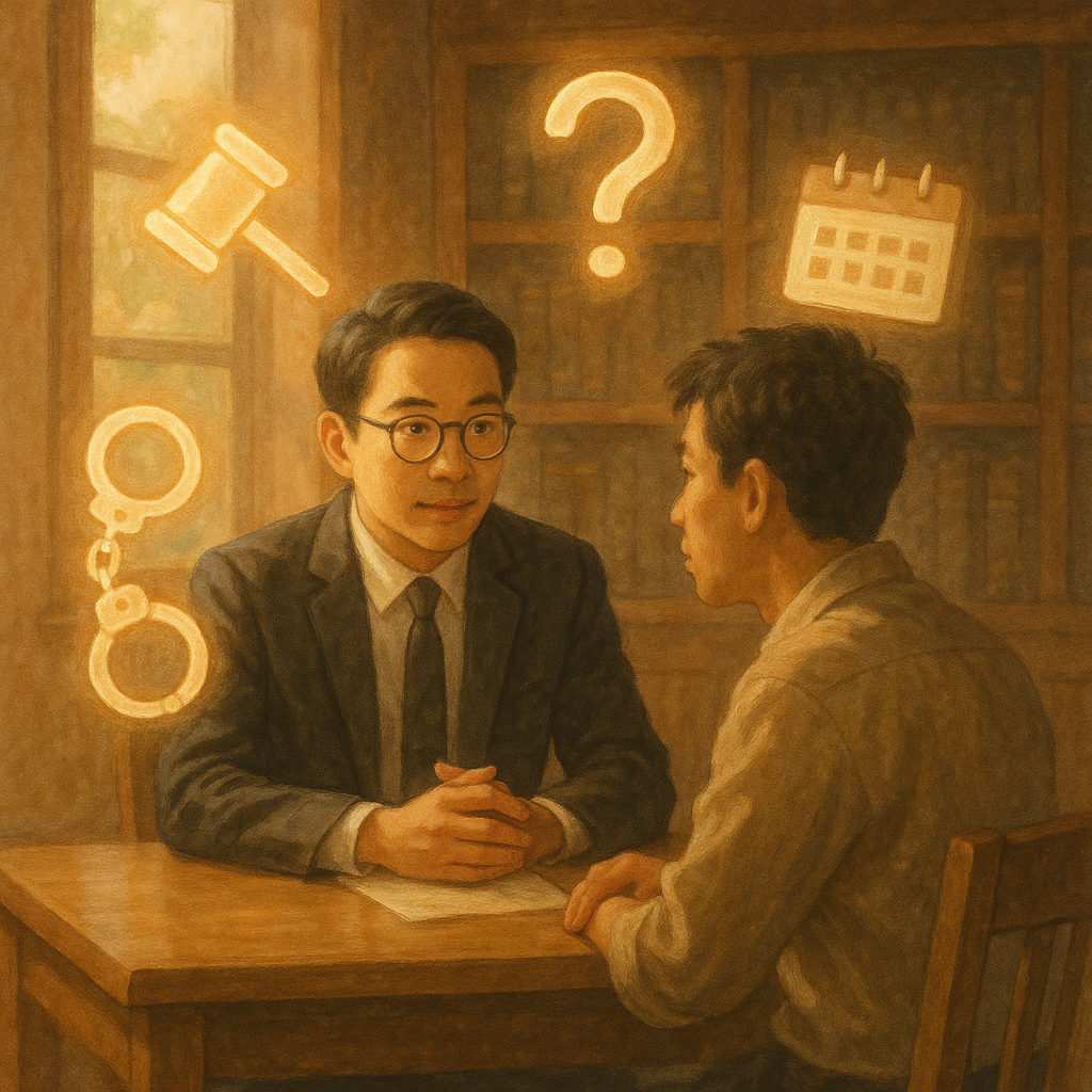 自然暖光下,台灣律師與民眾在木質事務所對坐;周圍漂浮法槌、手銬、日曆與問號等柔光符號,手繪細節與微妙電影感,溫馨而微幻,寓意拘提與FAQ諮詢,畫面無文字。