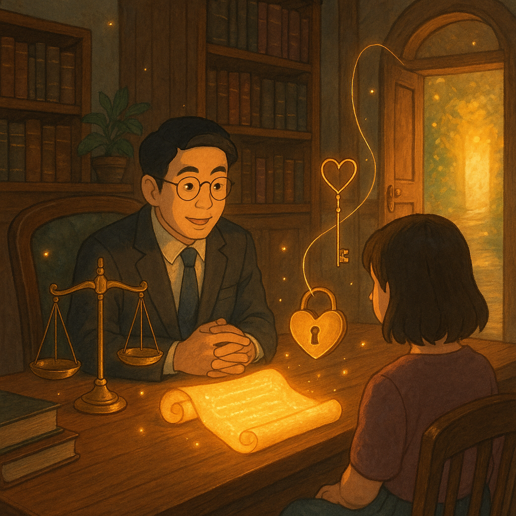 吉卜力風高解析電影感插畫：木質律所內，台灣人律師與民眾對談，柔和色彩與自然光，溫暖魔幻氛圍。發光契約卷與天秤、心形鎖與金線象徵背信罪與信賴，螢火引路通往亮門，呼應結論與行動呼籲；手繪質感、無文字。