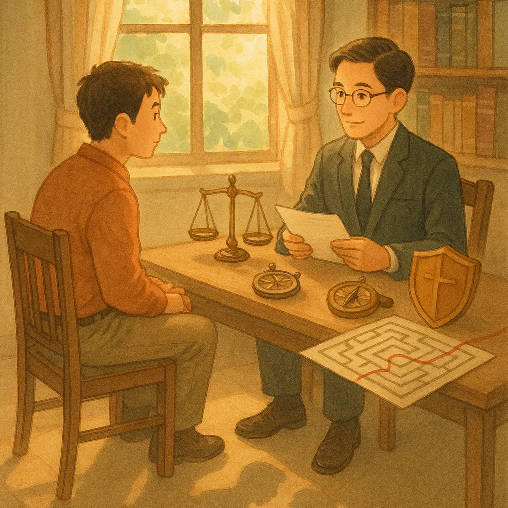 吉卜力風格的溫暖柔色調法律諮詢室裡，台灣律師與當事人對坐，窗外電影感柔光。地上投射兩人重疊的影子象徵幫助犯；桌上天平、羅盤與盾牌，旁有迷宮路徑與紅線引導，展現爭議點與風險管理。手繪質感、無文字。