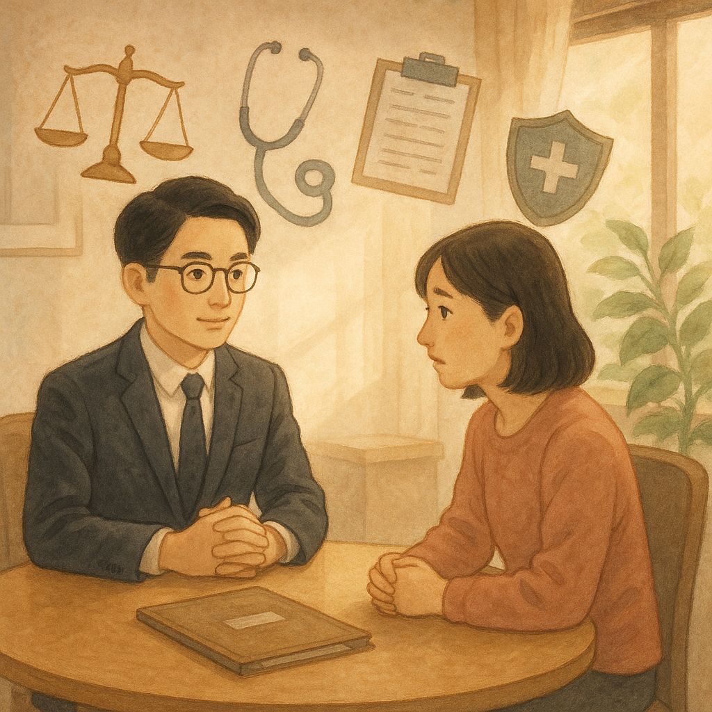 日系奇幻筆觸下,台灣人律師與病患家屬在溫暖診間圓桌對談,柔光灑落。空中漂浮手繪天平、聽診器、病歷夾、保險盾牌與沙漏,象徵醫療損害賠償與流程解惑;細膩質感、自然配色、無文字。窗邊綠植微風輕拂。