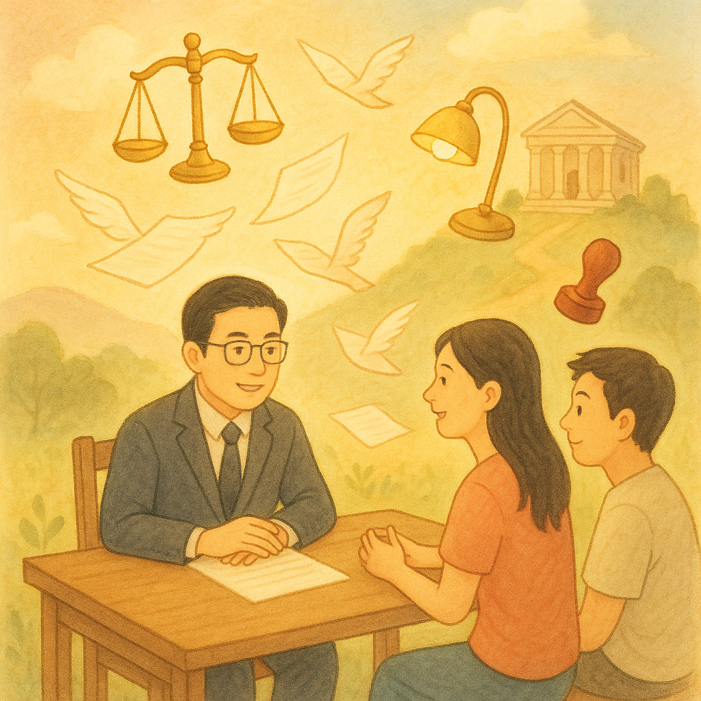 暖陽下，台灣人律師與民眾在木桌諮詢，文件化作光羽飛向遠方法院山丘；金色天平、印章與指引小燈漂浮其間，手繪質感、柔色無字，溫馨奇幻的訴願結論意象。