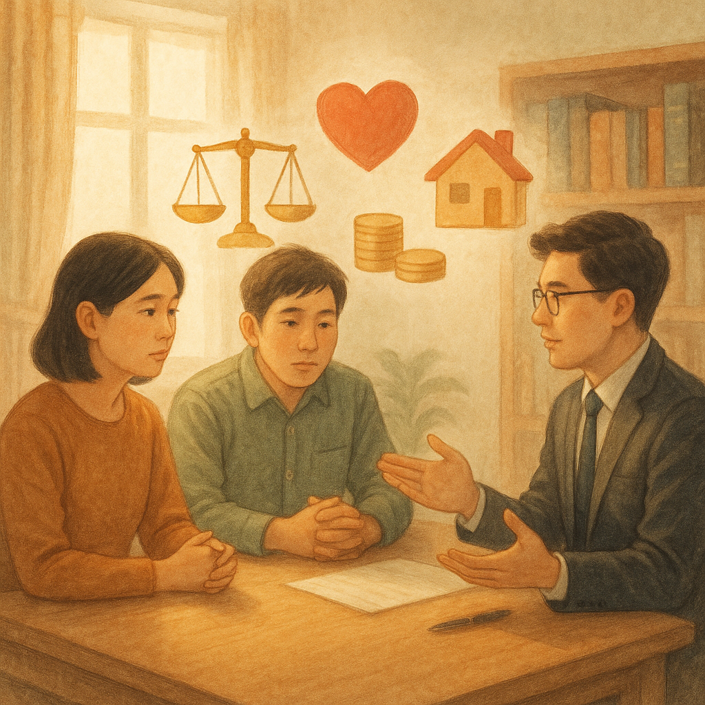 溫暖自然光下的手繪風律師事務所，兩位台灣人父母與專業律師面談，桌面漂浮天平、愛心、房屋與硬幣等象徵贍養費與撫養權的圖標，柔和色調、細膩質感，夢幻而寫實，具電影鏡頭感，畫面無文字。