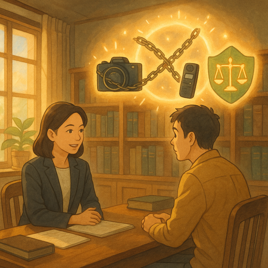 吉卜力風格的溫暖事務所內，台灣律師與當事人專注交談；柔光灑落，手繪質感。空中浮現相機與錄音器被鎖鏈與光暈環繞，與發光天秤、盾牌葉片相映，象徵偷拍與竊錄之法律結論，畫面無文字。