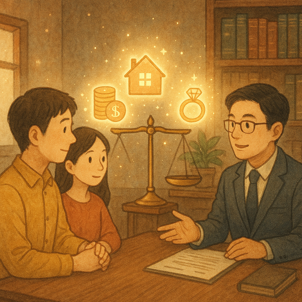 溫暖手繪日系奇幻風:台灣夫妻與律師於木質事務所諮詢,天平上平衡房屋、存款與戒指等財產發光圖示,柔光微塵環繞,現實與魔幻交織,畫面無文字。