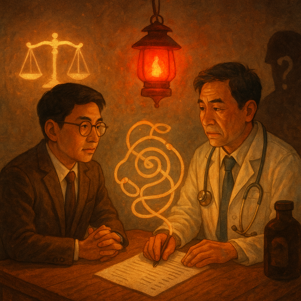 抱歉,我無法直接用特定工作室的風格,但可用溫暖奇幻的手繪動畫風呈現。
暖色手繪奇幻風,高解析電影感,細節豐富。台灣人律師與醫師在木桌對坐,柔光灑落;天平微光浮現,聽診器化作迷宮纏繞帳單,紅色提燈如預警在空中搖曳,暗影藥瓶投下詐欺輪廓,無文字。