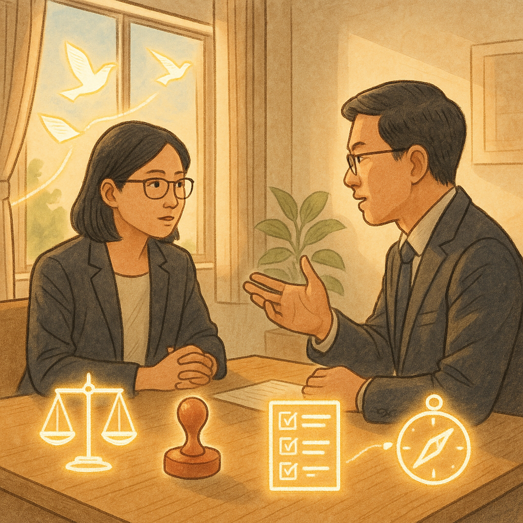 溫暖自然光下的行政諮詢室，兩位台灣專業人士對坐交流、表情專注；桌上浮現天秤、核章、清單與指南針等發光圖示，手繪質感柔和。窗外紙頁化作光鳥，指引行動路徑。