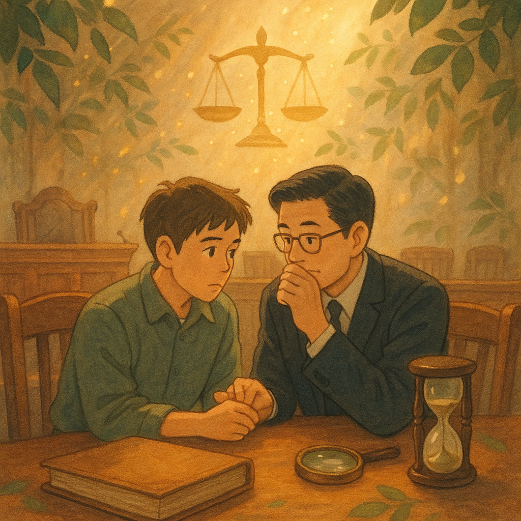 柔光木質偵查庭內，台灣律師與當事人低聲諮詢，卷宗、沙漏與放大鏡微光漂浮；天窗金粉灑落，象徵秤盤與葉影環繞，以吉卜力啟發的溫柔手繪與暖調電影感，畫面無文字。