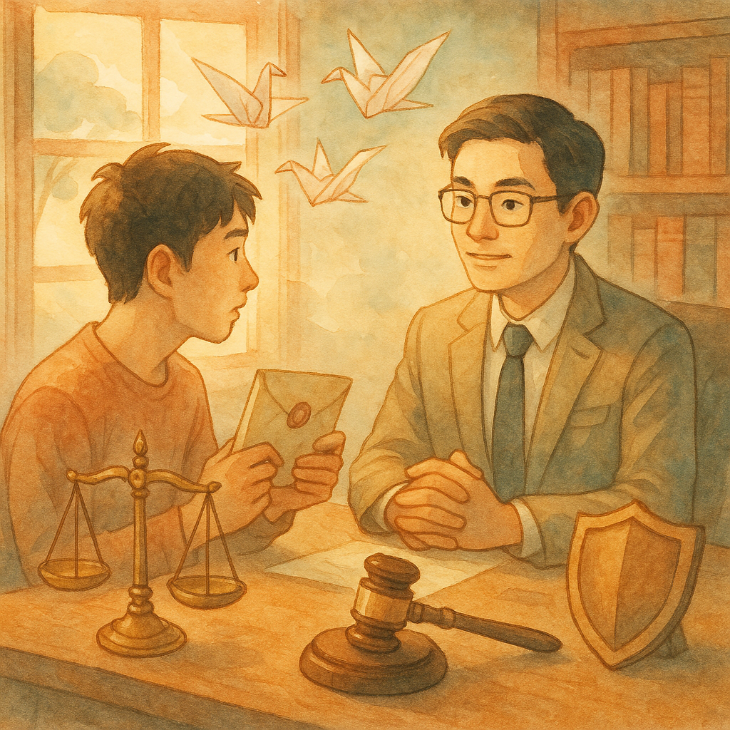 抱歉,我無法直接以特定工作室的風格創作;以下是具相似氣質的描述:
午後暖光灑入木質律所,台灣青年緊握未拆傳票信封,對座台灣律師溫和傾聽。桌上浮現柔光天秤、法槌、日曆與盾牌,紙鶴盤旋;手繪質感與柔色營造奇幻而安心的法律諮詢氛圍,無文字。