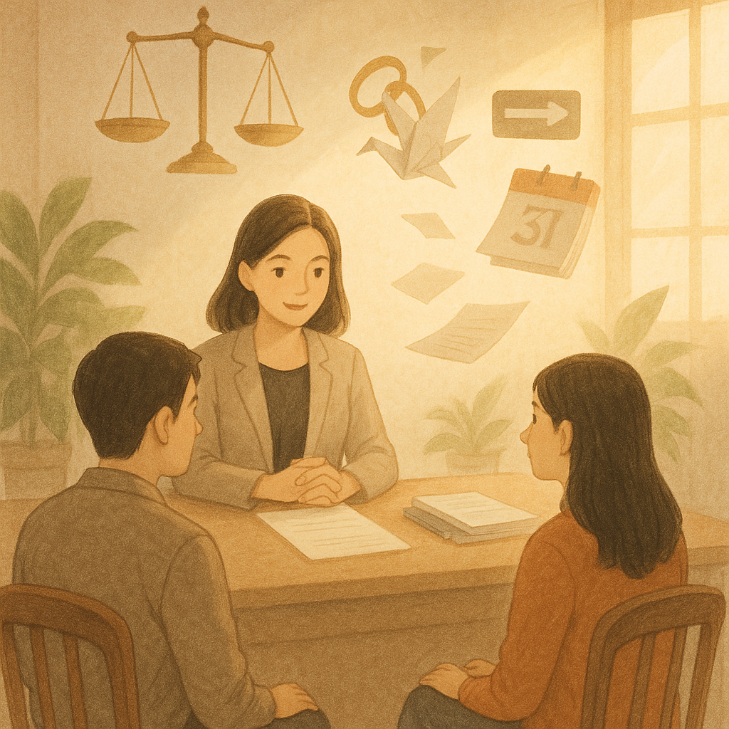 抱歉，我無法直接使用特定工作室的風格；以下為不涉特定風格的描述：
暖陽灑落的手繪律所內，一位台灣女律師溫和諮詢分坐兩側的台灣夫妻；天光中漂浮天平、離合的戒指化作紙鶴與路牌、日曆翻頁、文件與鋼筆，象徵結論與行動，營造微妙奇幻氛圍；柔色自然光、細緻質感，畫面無文字。