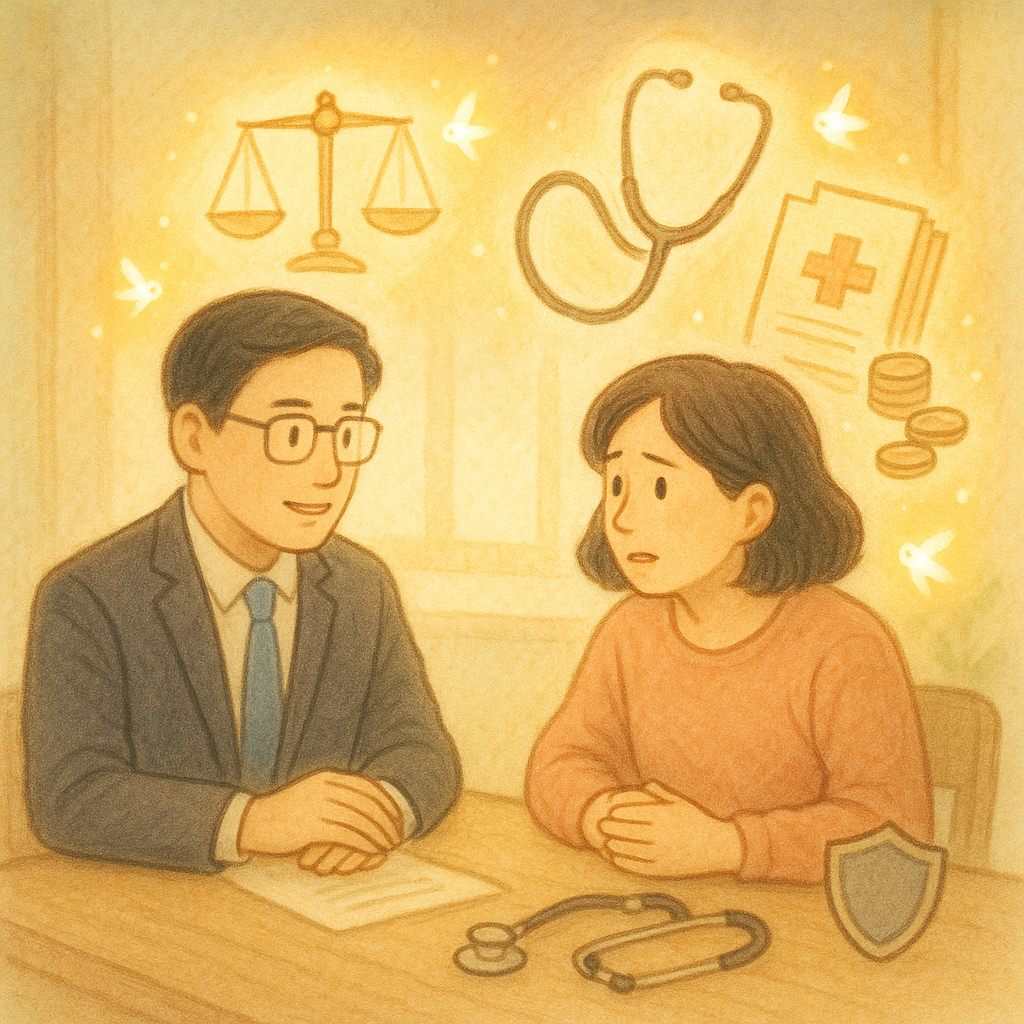 柔和色調與自然光暈中,兩位台灣人—專業律師與病患家屬—在木桌諮詢;手繪筆觸的微光精靈環繞天平、聽診器、病歷卷宗、硬幣與護盾等圖像,寓意醫療損害賠償常見問題的溫暖解答。