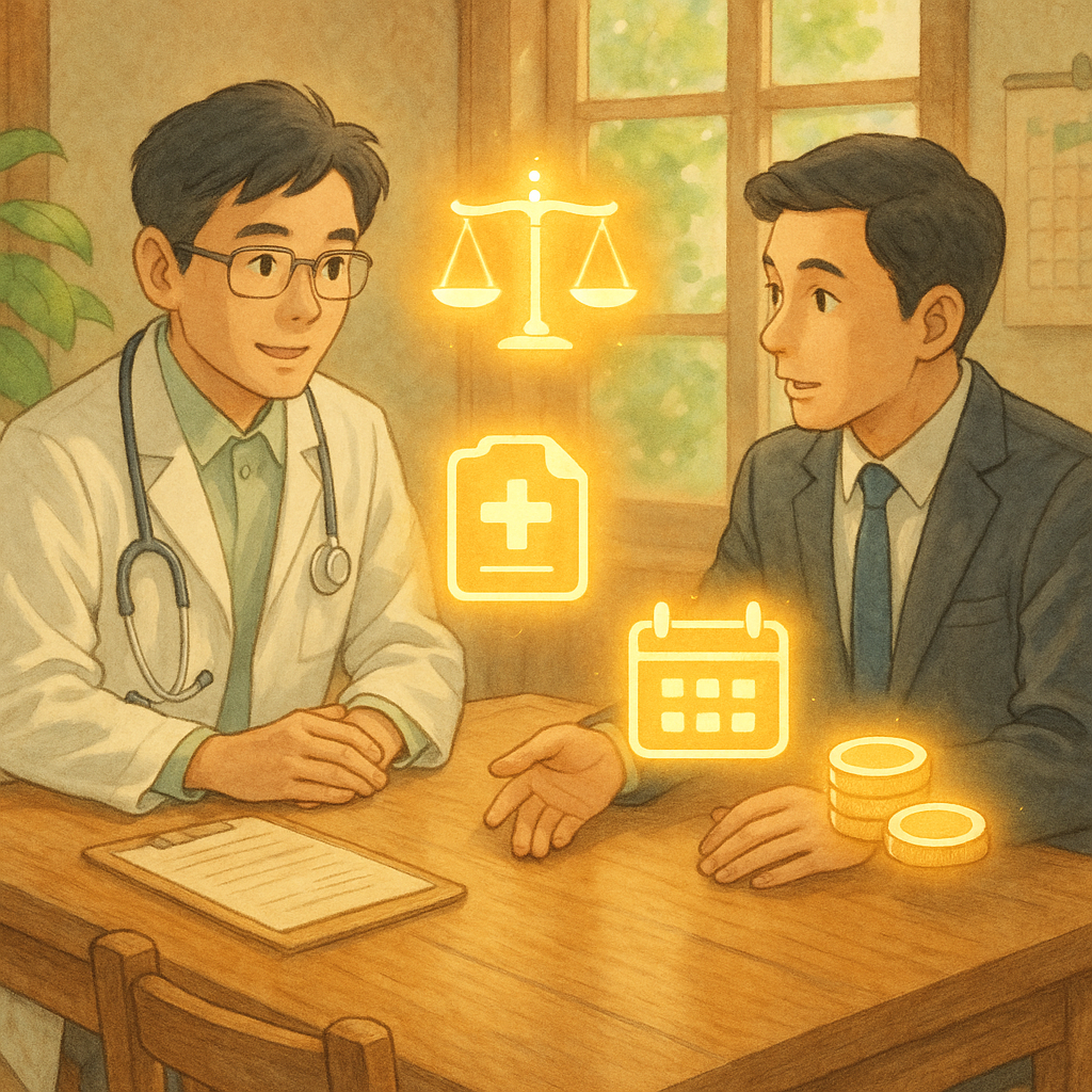 高解析度吉卜力風溫暖場景：台灣醫師與律師在木桌邊諮詢，柔光灑入。桌上漂浮天平、病歷夾、日曆與金幣等發光圖示，象徵醫療損害賠償與常見問題解答；手繪質感、自然色調、無文字。