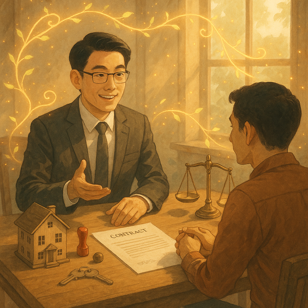 溫暖自然光下,台灣律師與當事人於木桌會談,檯面有合約、房屋模型、印章、天秤與鎖鑰;發光藤蔓與微風粒子環繞,象徵借名登記風險與行動建議,柔和色調與手繪質感、電影感構圖,畫面無文字。