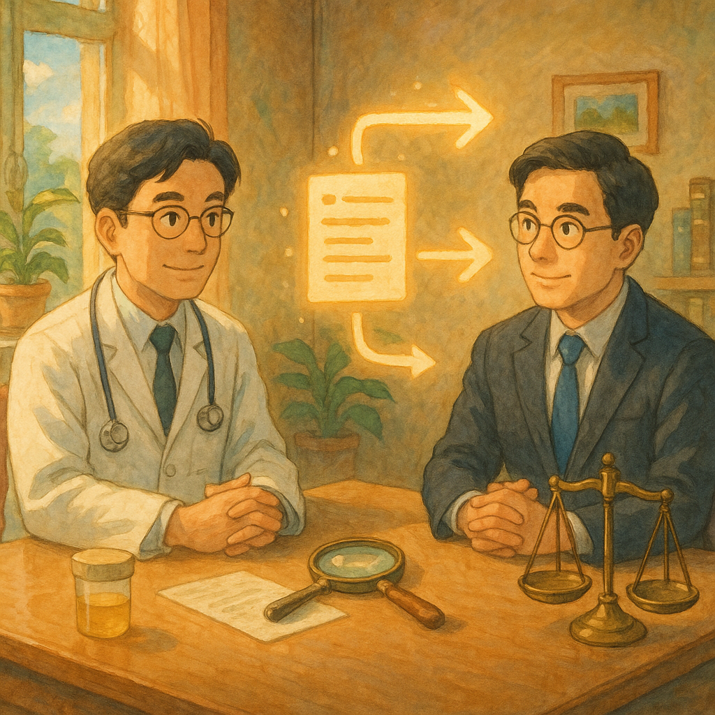 吉卜力風高解析插畫,柔和自然光與暖意魔幻感。台灣醫師與法律顧問在溫暖診間對坐,桌上有透明尿液樣本、放大鏡與天秤象徵,漂浮的發光清單與路徑箭頭引導行動,手繪質感、無文字。