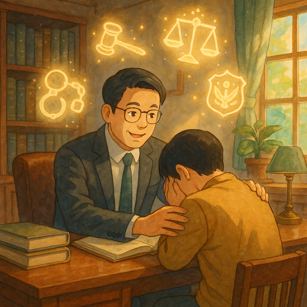 吉卜力風溫暖、高精細場景：台灣律師在木質事務所安撫台灣民眾，柔光灑入。周圍漂浮天光化成法槌、天秤、警徽、手銬與日曆等符號，象徵拘提與常見疑問的專業解答，手繪質感細膩、無文字。