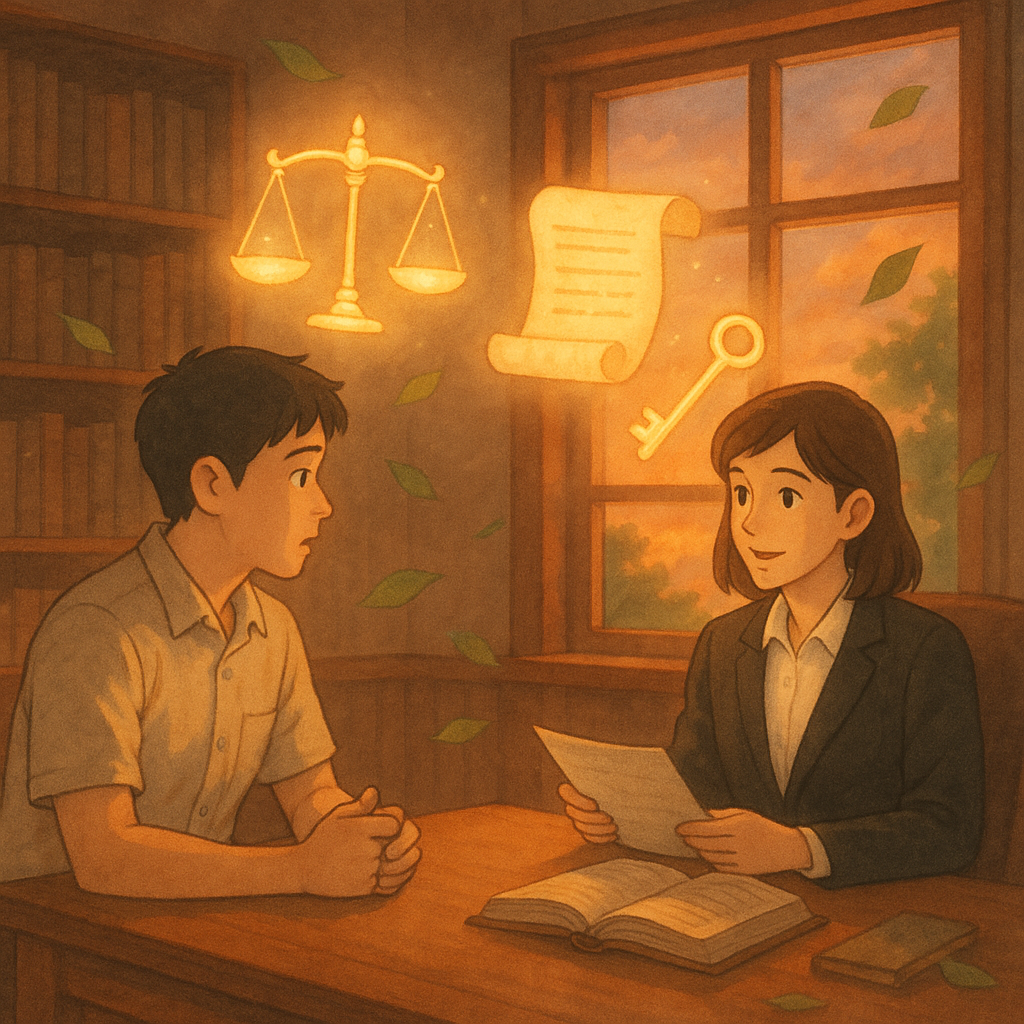 吉卜力式溫柔色調插畫：台灣男子在黃昏自然光下，與台灣女律師於木質事務所相談；一旁漂浮發光的天秤、卷宗與鑰匙象徵自首與法治。手繪質感、暖霧與微風葉片營造魔幻電影感，畫面無文字。
