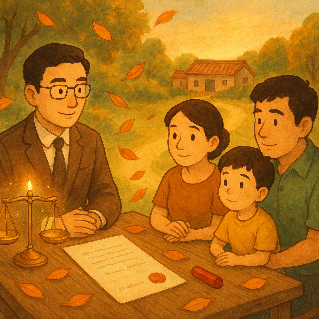抱歉，我無法直接使用特定工作室的風格，但可提供相近的溫暖手繪動畫風描述：

溫暖奇幻的手繪動畫風：台灣律師與台灣家庭在木桌諮詢，遺囑與印章如落葉環繞，天平微光、祖厝遠景，日光柔灑，一條發光小徑指向前方，畫面不含文字。