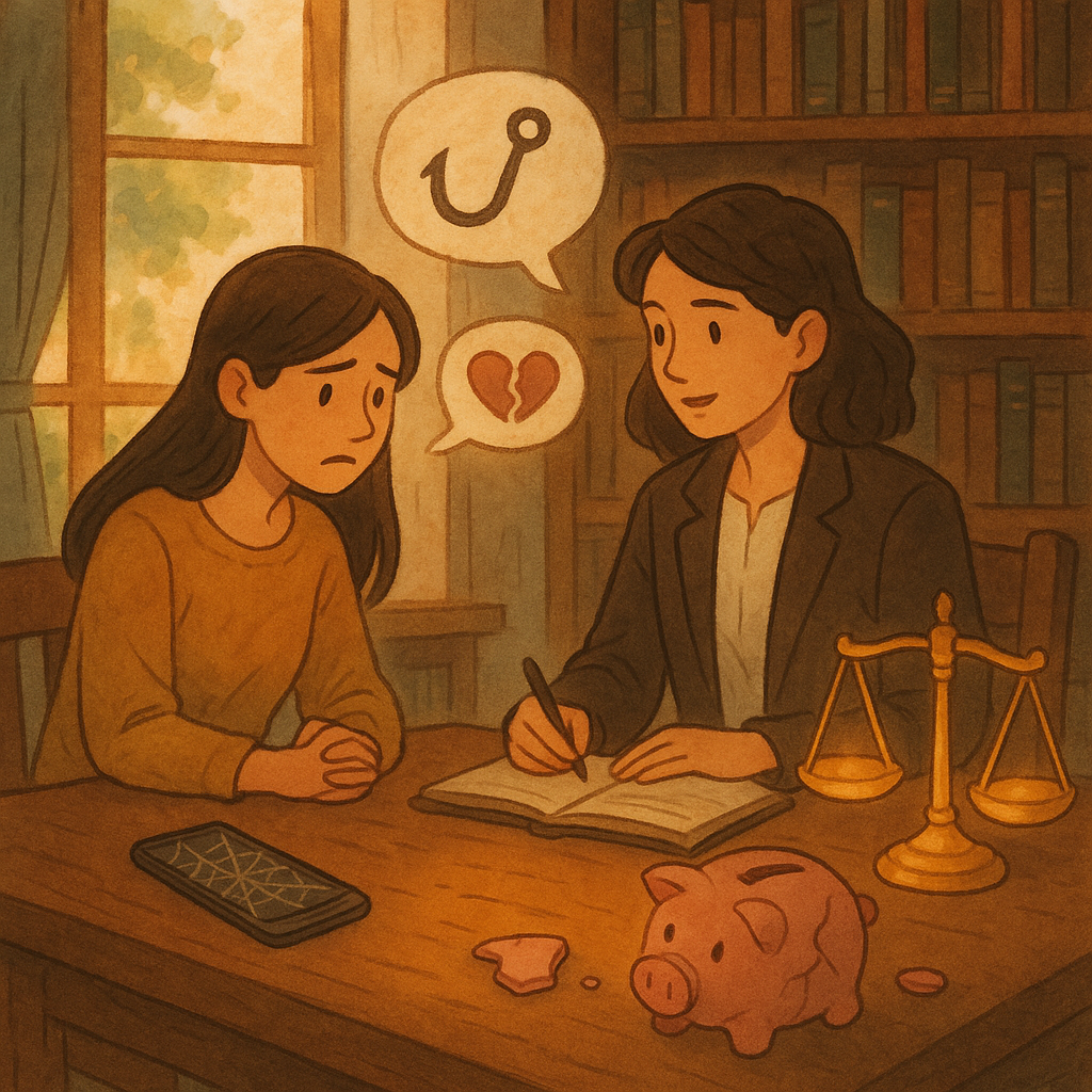 抱歉，我無法直接以特定工作室的風格創作；以下提供相近的溫暖手繪奇幻動畫風描述：

台灣女性受害者與律師在溫暖書屋諮詢，窗外柔光灑入；碎心與釣鉤化作無字訊息泡泡，手機影成蛛網，旁有破裂存錢筒與發光天秤，手繪質感、無文字。