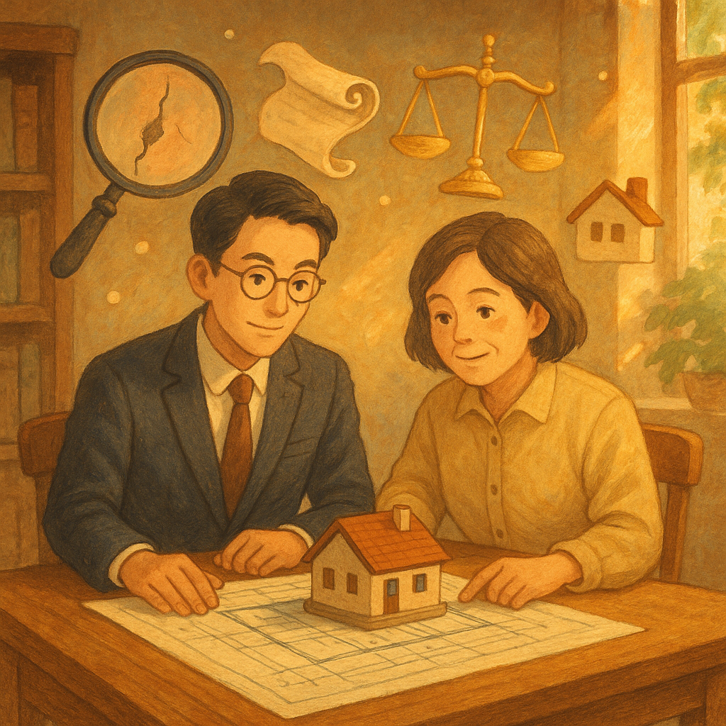 吉卜力風格的溫暖午後，台灣律師與房主表情溫和專業在木桌前檢視藍圖與模型；放大鏡映出牆裂與滲水。柔光中漂浮天秤、契約卷與小屋圖示如精靈環繞，手繪紋理、自然色彩、無文字，寫實與奇幻交融。