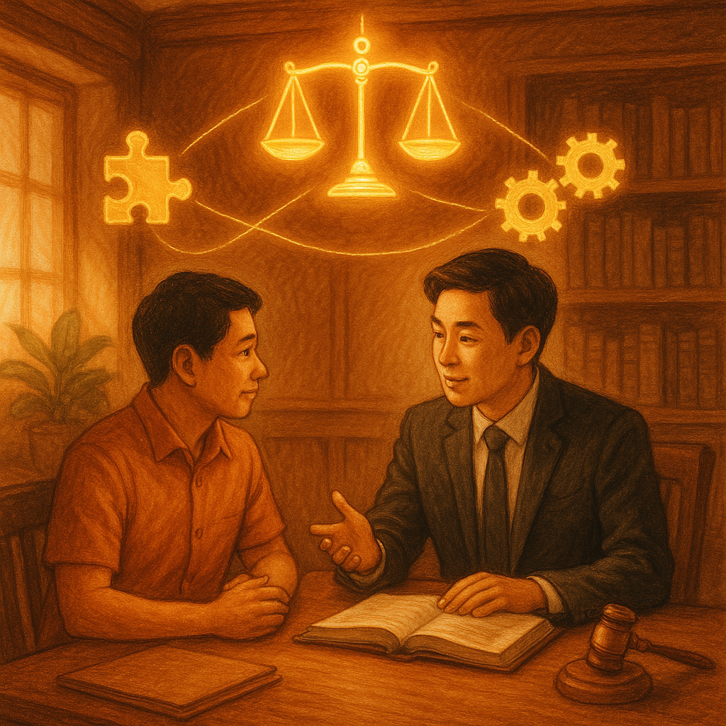 暖色木質事務所內，台灣律師與台灣當事人圍桌交流；頭頂金色天平發光，絲線連結拼圖與齒輪、卷宗與法槌，象徵共同正犯之共同意思與行為。柔和自然光、手繪質感與溫暖奇幻氛圍、細節豐富，無任何文字。