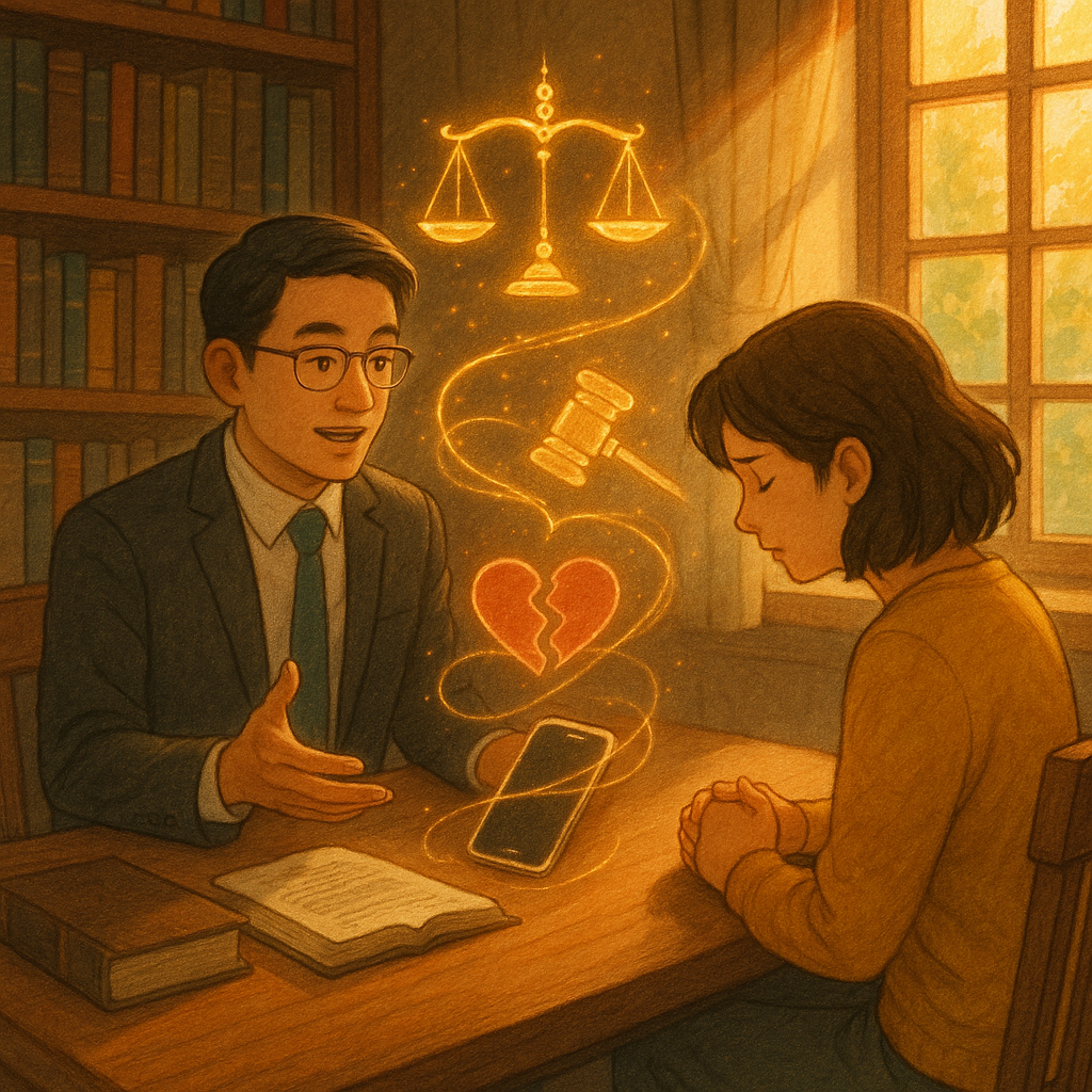 抱歉，我無法直接使用特定工作室的風格，但可提供相近的手繪動畫感：
溫暖手繪動畫風，高解析、細節豐富。台灣律師與受害者在柔光書屋對談，天光灑落；天平與法槌化作金色微光環繞，破碎愛心與手機暗影交纏成線，象徵感情詐騙與重拾信任的結論。無文字。