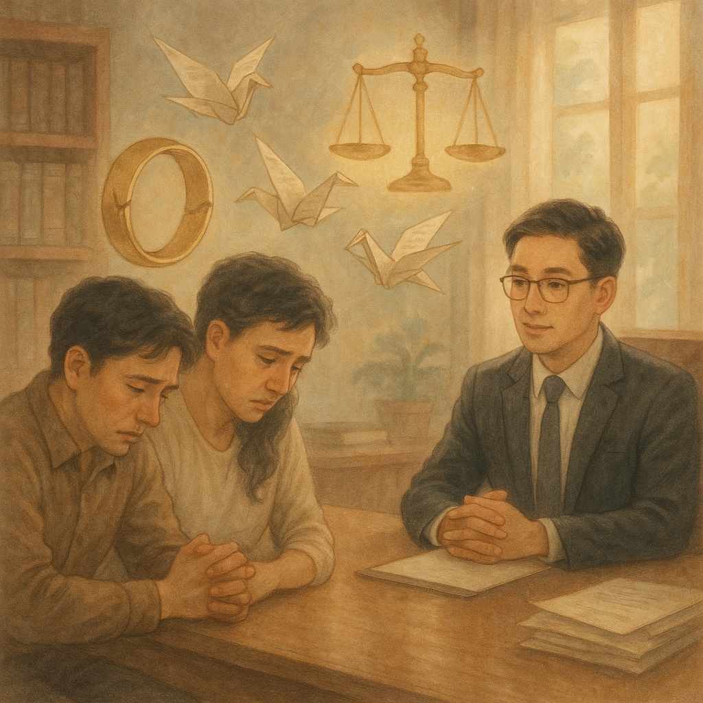 高解析柔和色調手繪風的律師事務所內，台灣人律師與夫妻諮商，表情細膩；裂紋婚戒與微光天平漂浮，卷宗化作紙鶴環繞，自然光與木質質感交織，溫暖奇幻的電影感，象徵侵害配偶權爭點與療癒過程（畫面無文字）。