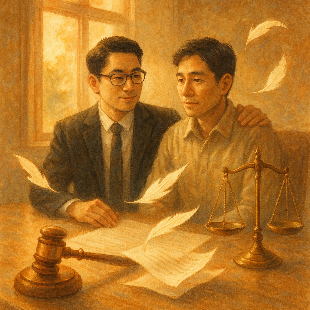 溫暖晨光灑入詢問室,台灣律師與當事人並肩而坐,神情專業且安心;桌上法槌與天秤泛著微光,檔案頁化作羽片輕繞。手繪質感與柔和色彩交融,寫實中帶奇幻,營造沉浸的法律陪偵氛圍。