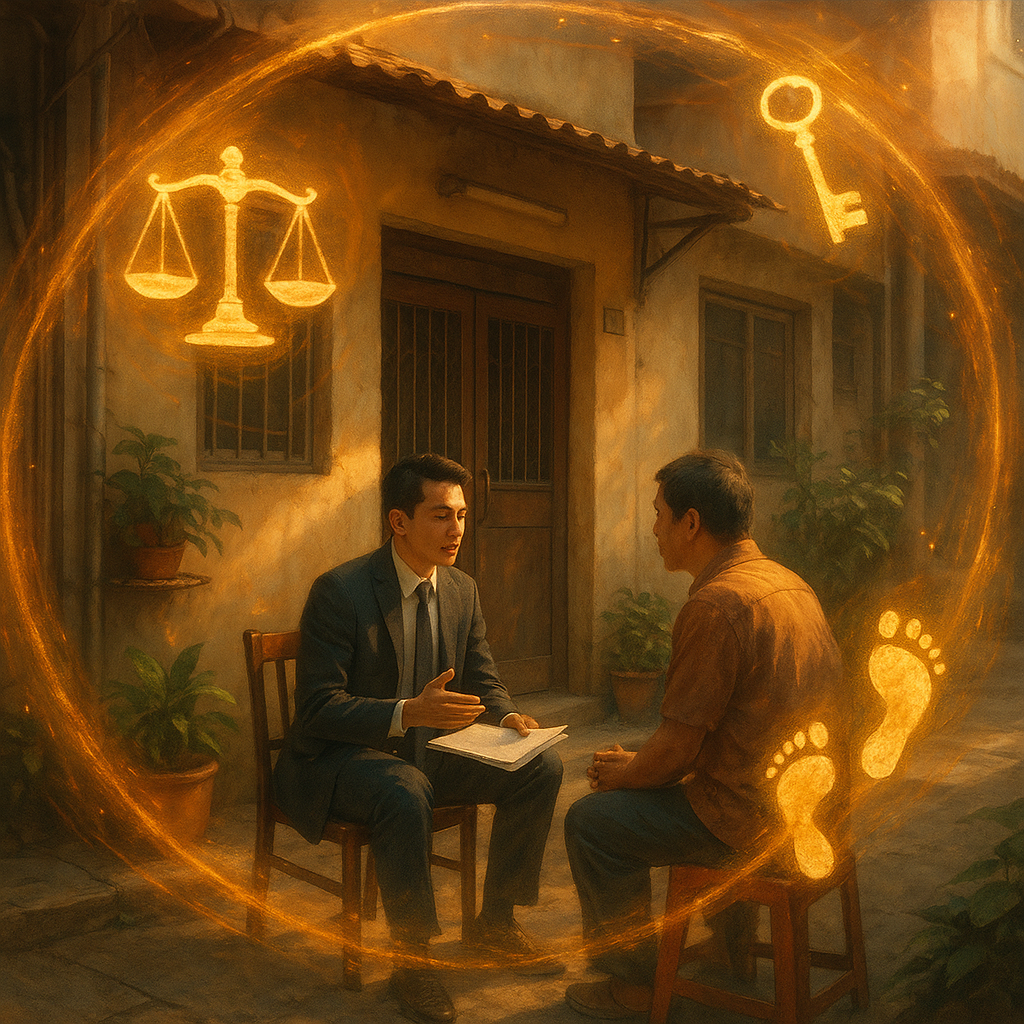 柔和自然光與手繪質感下,台式巷弄小屋被暖色結界環繞;台灣律師與民眾在庭前諮詢,周圍漂浮天秤、鑰匙與足跡圖示,象徵侵入住宅罪的結論與行動指引,氛圍溫暖奇幻具電影感,畫面無文字。