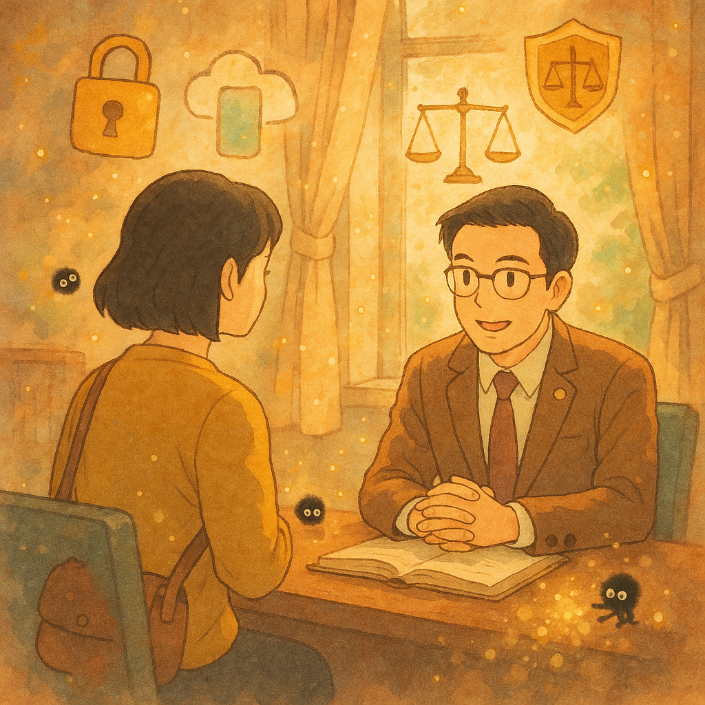 暖色系吉卜力風插畫：台灣人律師與當事人在窗邊諮詢，柔光灑入。周圍漂浮手繪鎖、盾牌、天平與雲端手機圖示，模糊處理的影像碎片化成光粒，被小精靈收集，營造安全與援助的氛圍，畫面無文字。