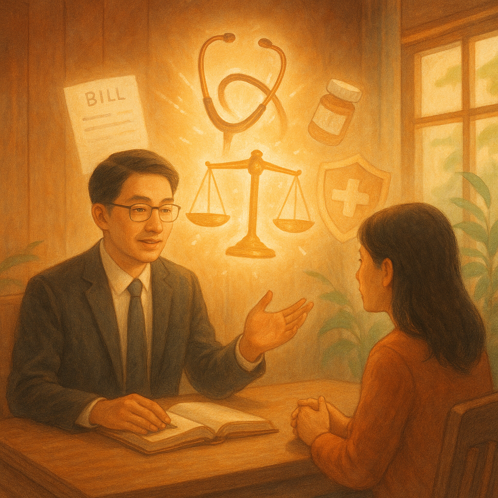 溫暖柔光的手繪場景:台灣律師與民眾在木質諮詢室對談,發光的聽診器化作天秤與盾牌,帳單與藥瓶化為漂浮圖像,微風拂動綠植,細膩質感、奇幻且電影感。