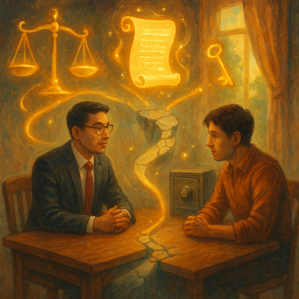 抱歉，我無法直接使用特定工作室的風格，但可提供相近的奇幻手繪美學描述：
暖色自然光下，台灣律師與當事人對坐相談；漂浮的天秤、發光契約卷與鑰匙化作精靈，環繞半掩保險箱與破裂漸癒的玻璃橋，指引行動路徑；電影感構圖、手繪質感，無文字。