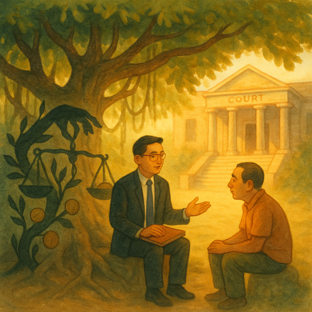 抱歉，我無法直接使用某特定工作室的風格；以下以相近的溫暖手繪奇幻動畫質感呈現。
柔光手繪場景中，台灣律師與民眾在榕樹下諮詢；天平與硬幣化作藤蔓纏繞陰影之手，法院階梯被晨光洗亮，象徵圖利與貪污之辨，畫面無文字。