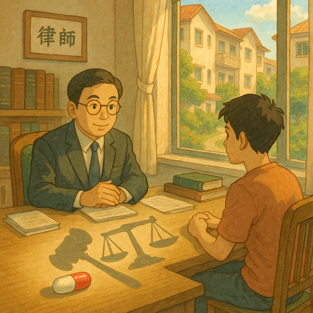 吉卜力風高解析插畫:暖陽下的律師事務所,台灣律師與年輕人諮詢;桌上小藥丸投影成巨大法槌與天平,象徵毒品危害防制條例下小錯釀禍;窗外社區與更生小徑,柔和色調與手繪質感。