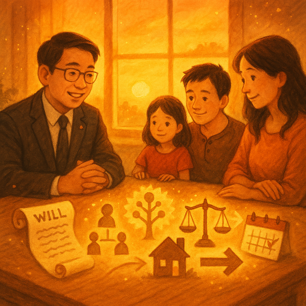 夕陽下溫暖手繪風，台灣律師與家人圍坐木桌諮詢；桌上浮現遺囑卷軸、家族樹、天平、房屋與指引箭頭、日曆勾選，柔光灑落，魔幻粒子環繞，寓意繼承決策與後續行動。