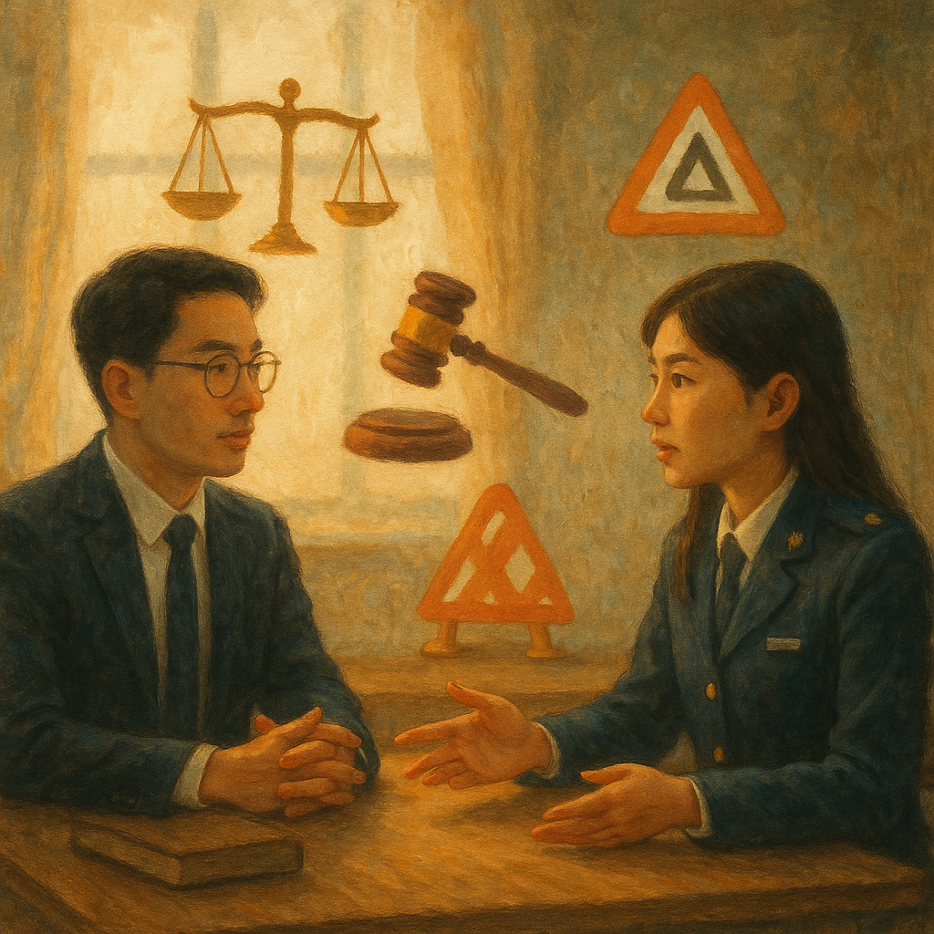 溫暖自然光下,台灣律師與公務員在木桌前沉穩對談,童趣魔幻與電影感氛圍流淌;身旁漂浮天秤、法槌與路障符號,象徵妨害公務爭點。柔和筆觸與手繪質感細節暗示結論落定,無文字。